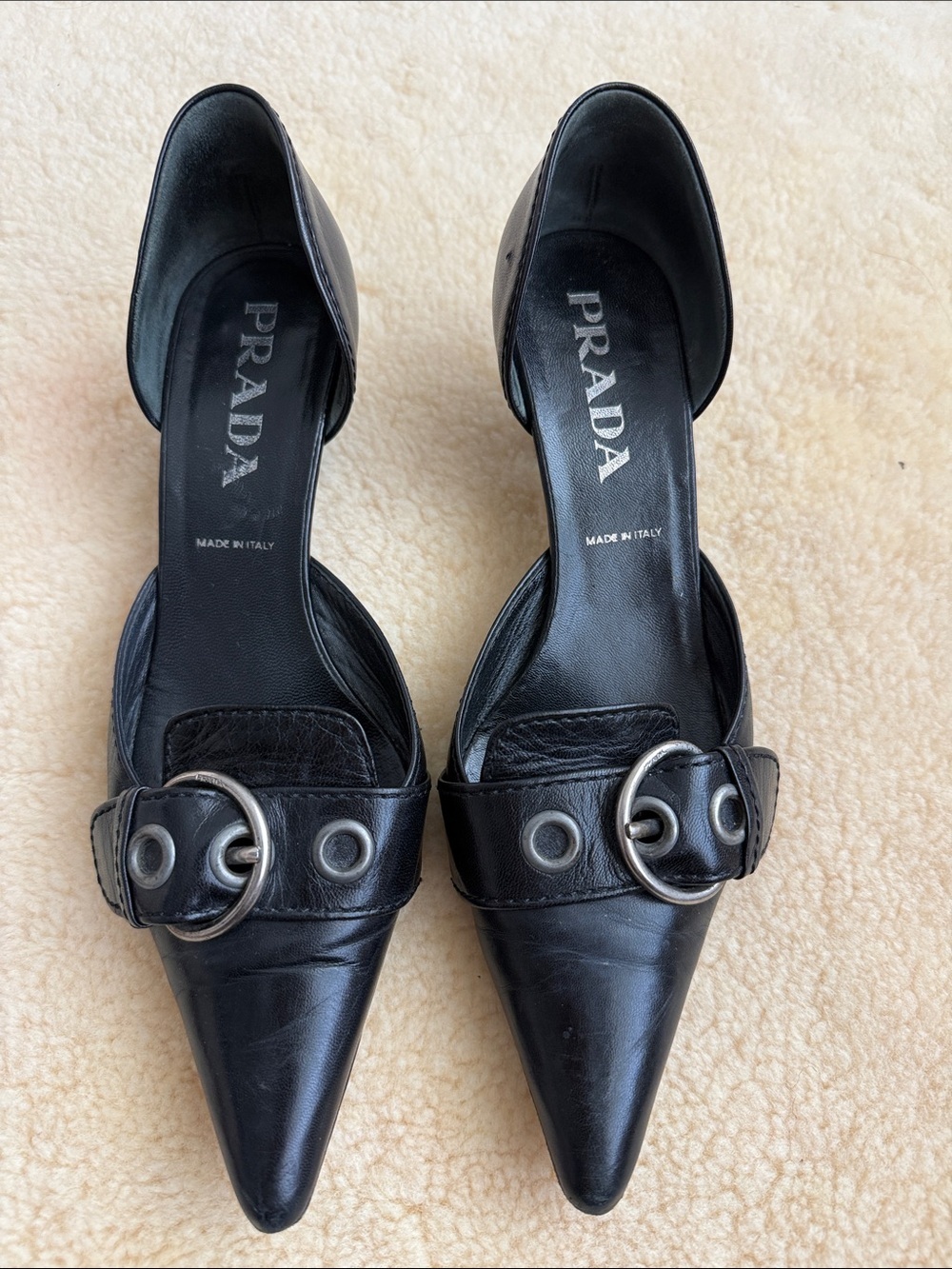 Vintage y2K rare Prada Black Leather Pointed-Toe Mule kitten Heels - Picture 1 of 4